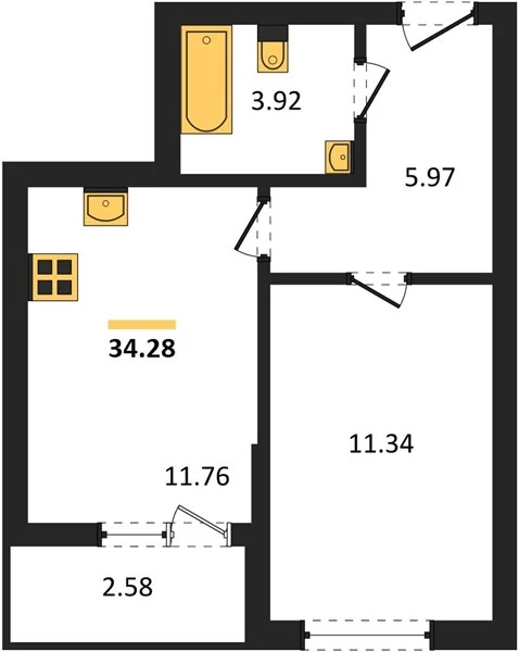 Квартира 1-комн. 34.28 кв. м