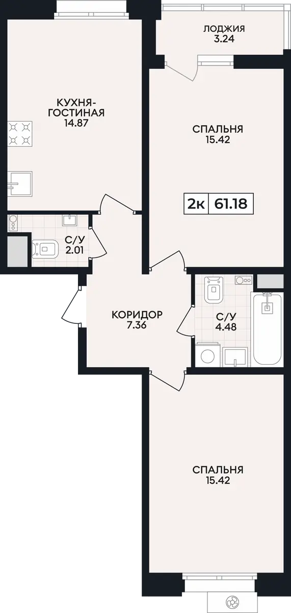 Квартира 2-комн. 61.18 кв. м
