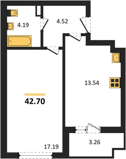 Квартира 1-комн. 42.7 кв. м
