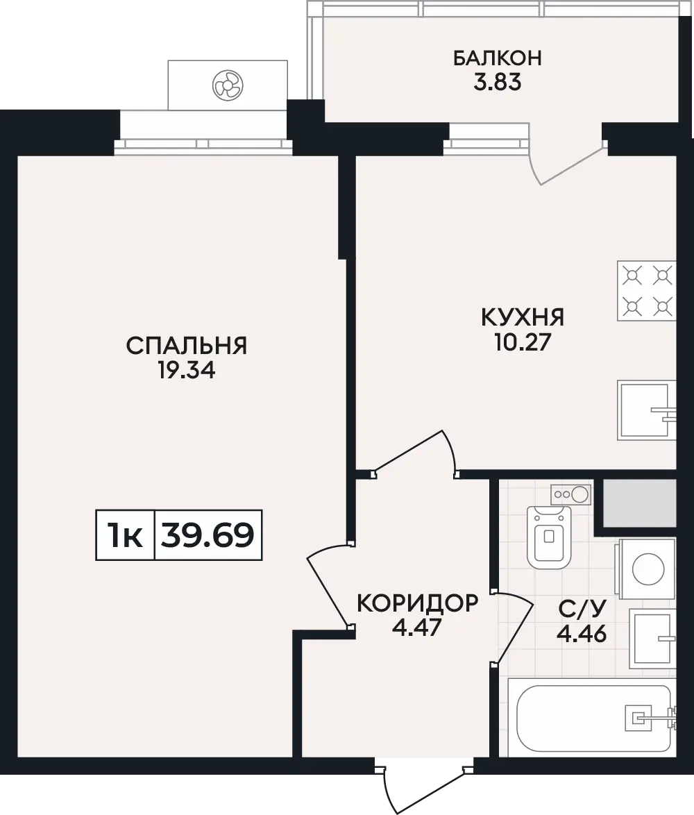 Квартира 1-комн. 39.69 кв. м