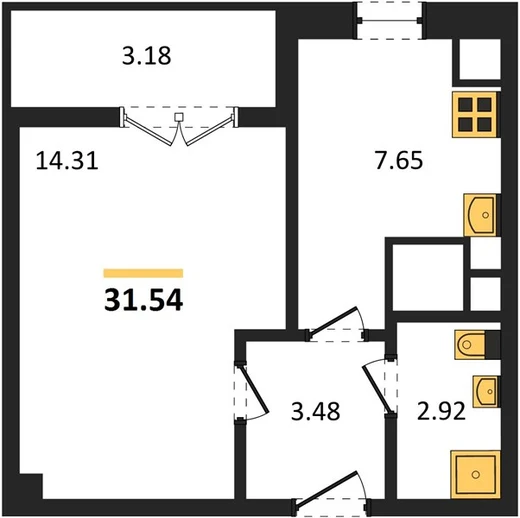 Квартира 1-комн. 31.54 кв. м