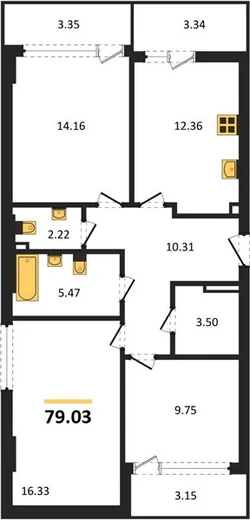 Квартира 3-комн. 79.03 кв. м