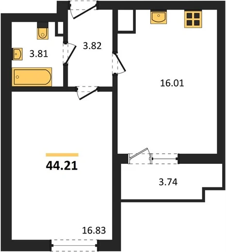 Квартира 1-комн. 44.21 кв. м