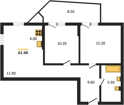 Квартира 2-комн. 61.9 кв. м