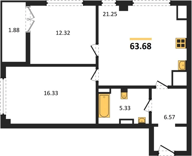 Квартира 2-комн. 63.68 кв. м