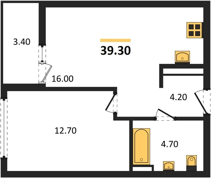 Квартира 1-комн. 39.3 кв. м