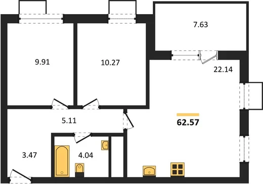 Квартира 2-комн. 62.57 кв. м