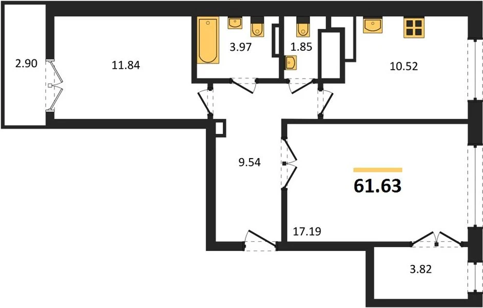 Квартира 2-комн. 61.63 кв. м