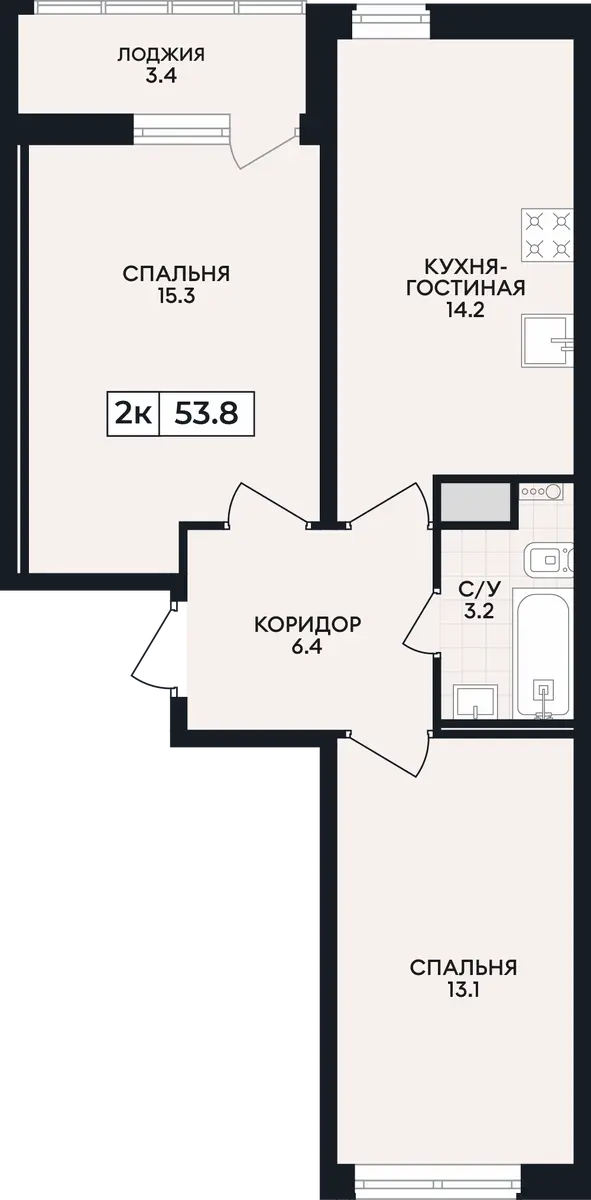 Квартира 2-комн. 53.8 кв. м