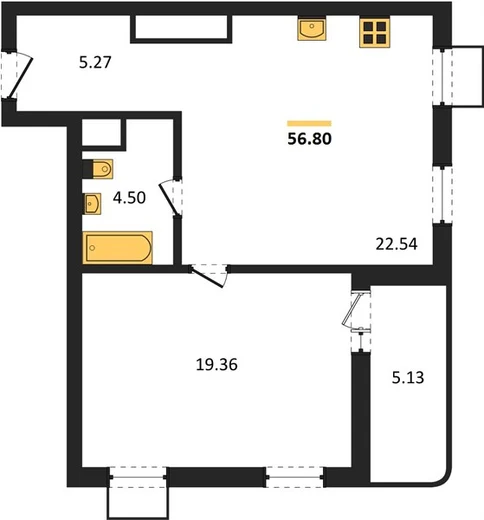 Квартира 1-комн. 56.8 кв. м