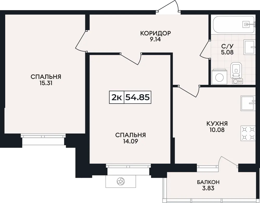 Квартира 2-комн. 54.85 кв. м
