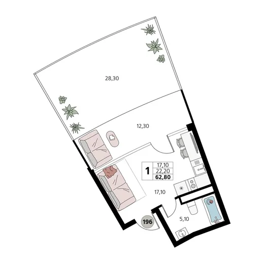 Апартаменты 1-комн. 62.8 кв. м