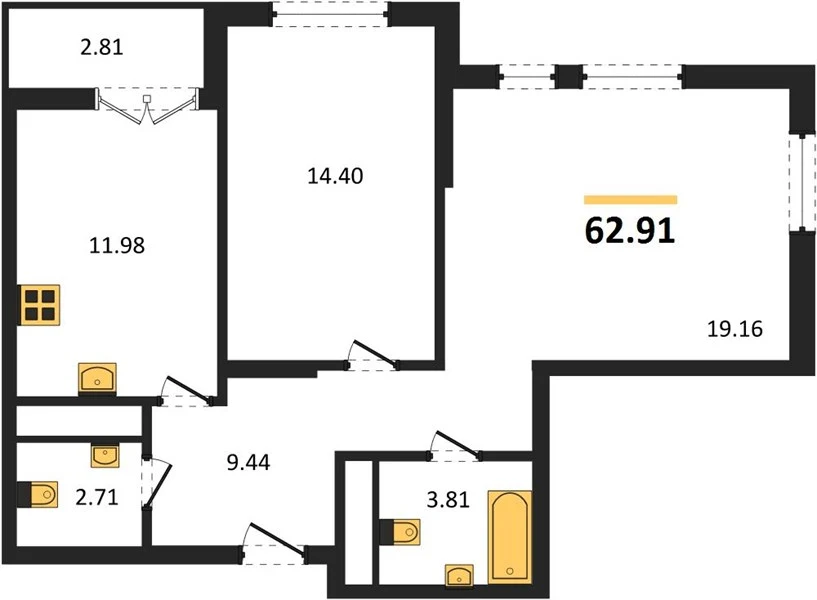 Квартира 2-комн. 61.1 кв. м