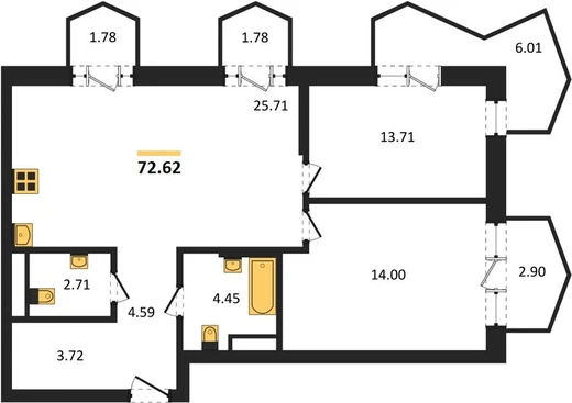 Квартира 2-комн. 72.62 кв. м