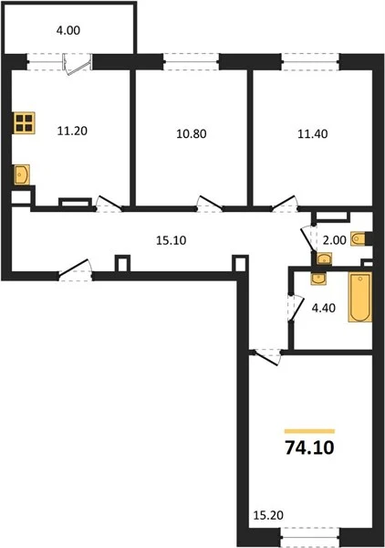 Квартира 3-комн. 74.1 кв. м