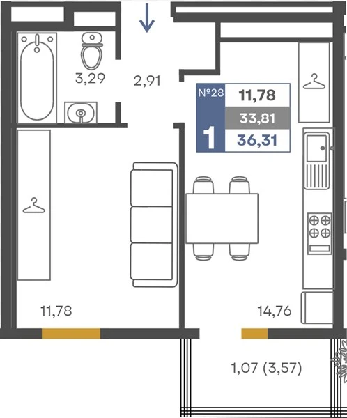 Квартира 1-комн. 33.81 кв. м