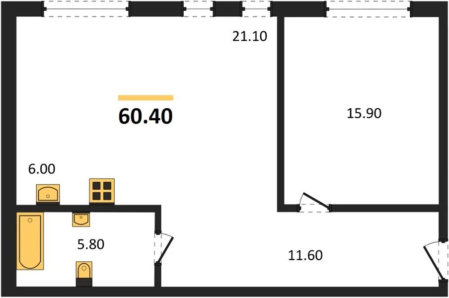 Квартира 1-комн. 60.4 кв. м