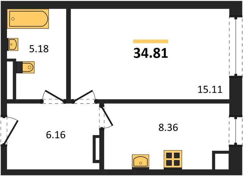 Квартира 1-комн. 34.81 кв. м