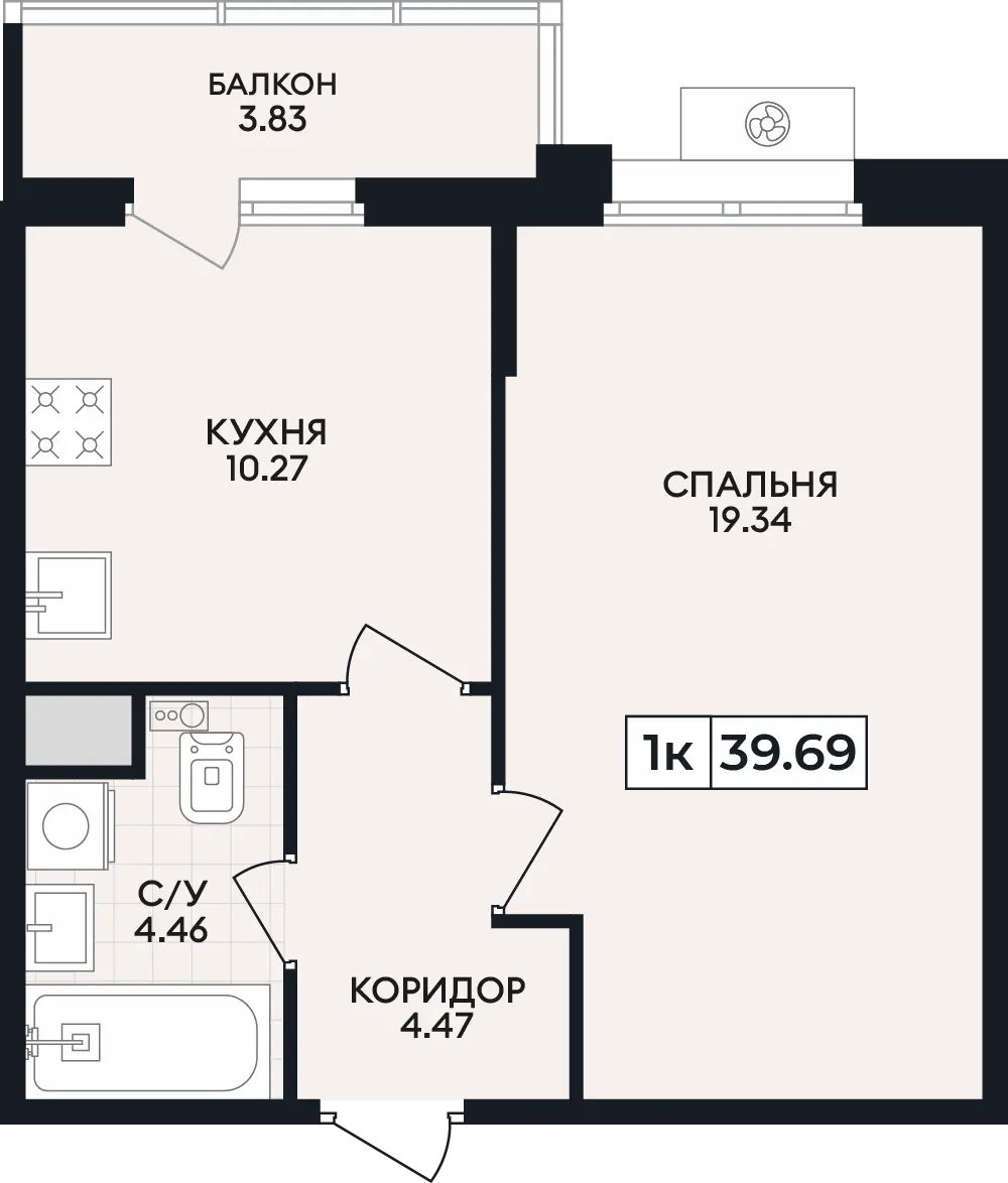 Квартира 1-комн. 39.69 кв. м
