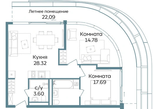 Апартаменты 3-комн. 86.48 кв. м