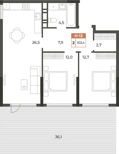 Квартира 2-комн. 102.4 кв.м