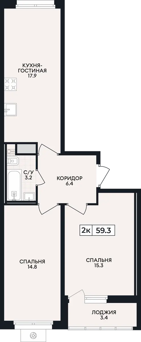 Квартира 2-комн. 59.3 кв. м