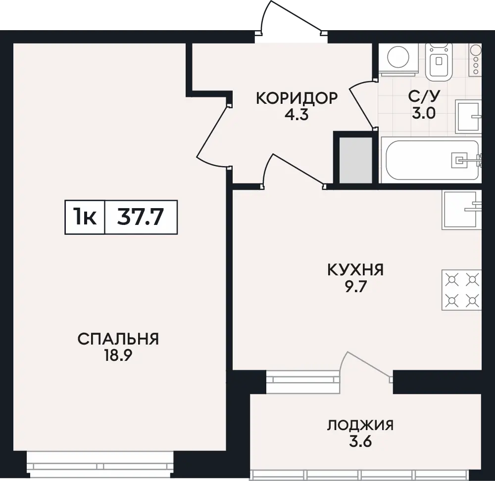 Квартира 1-комн. 37.7 кв. м