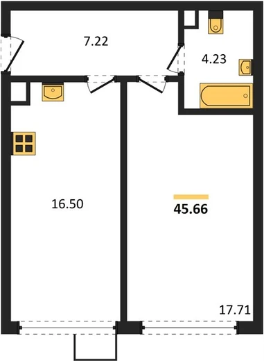 Квартира 1-комн. 45.66 кв. м