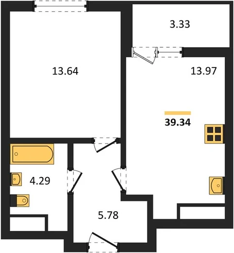Квартира 1-комн. 39.34 кв. м