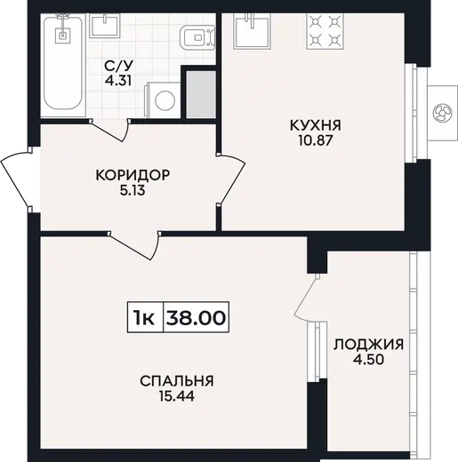 Квартира 1-комн. 38 кв. м