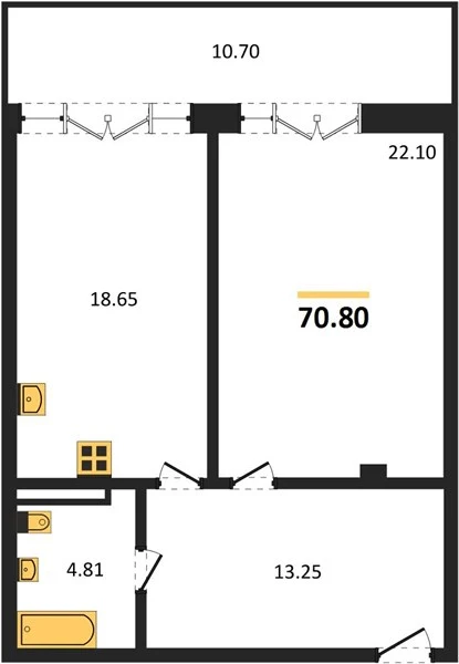 Квартира 1-комн. 70.8 кв. м