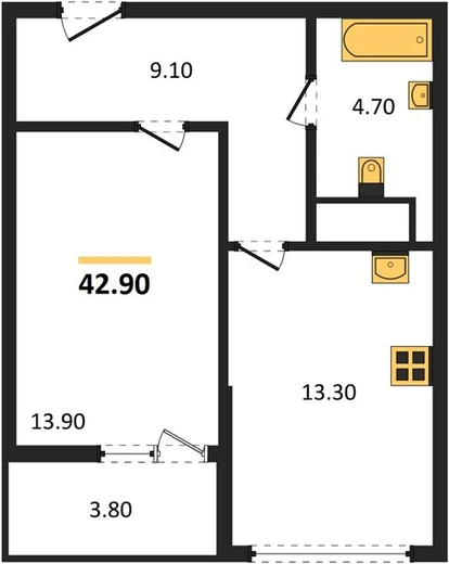 Квартира 1-комн. 42.9 кв. м