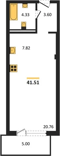 Апартаменты 1-комн. 41.51 кв. м