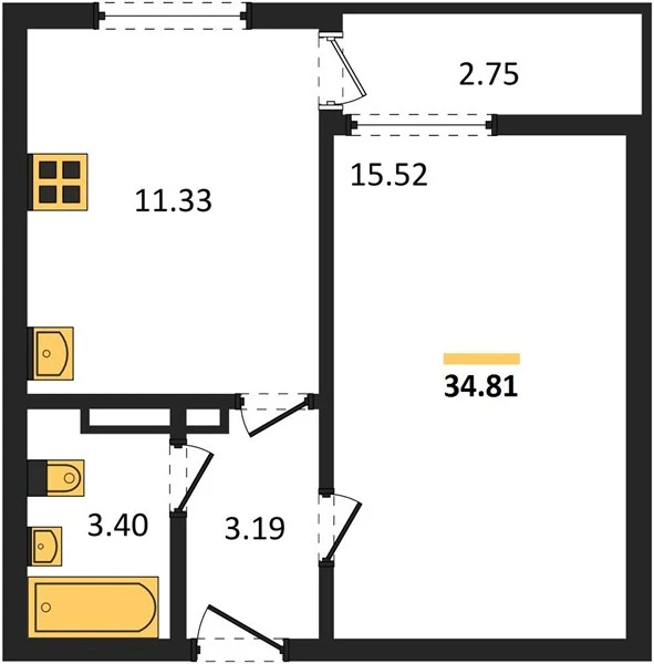 Квартира 1-комн. 34.81 кв. м