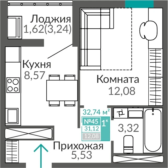 Квартира 1-комн. 31.12 кв.м