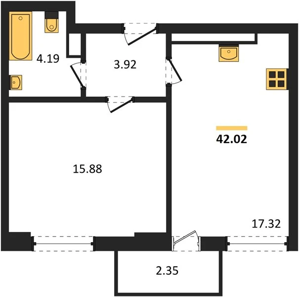 Квартира 1-комн. 42.02 кв. м