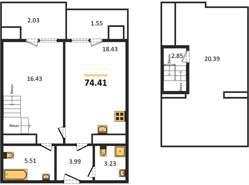 Квартира 1-комн. 74.41 кв. м
