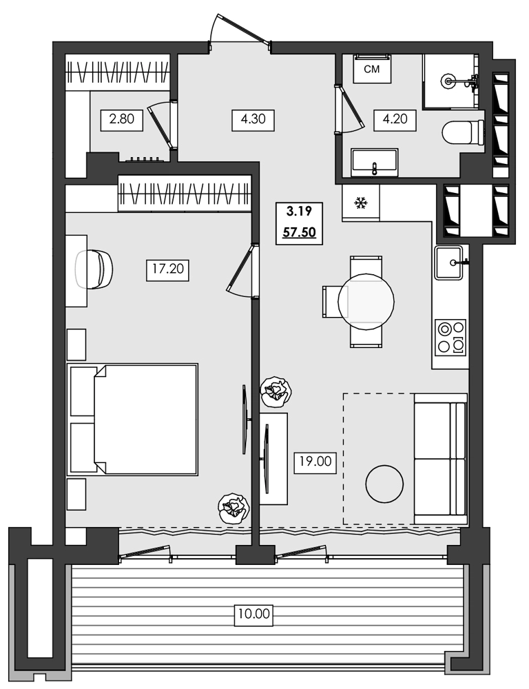Апартаменты 2-комн. 57.5 кв. м
