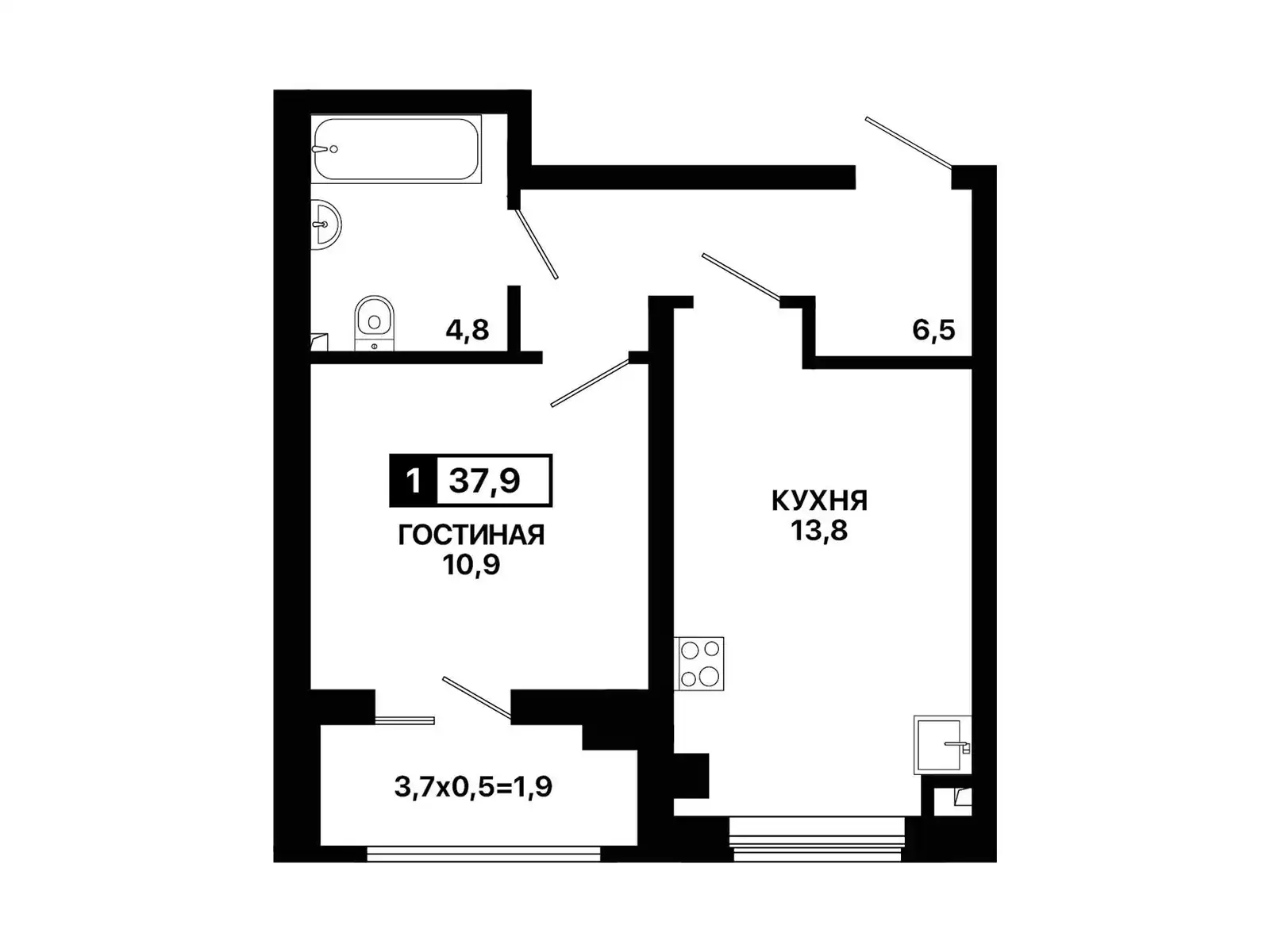 Квартира 1-комн. 37.9 кв. м