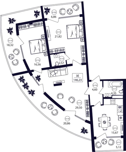 Апартаменты 3-комн. 146.23 кв. м