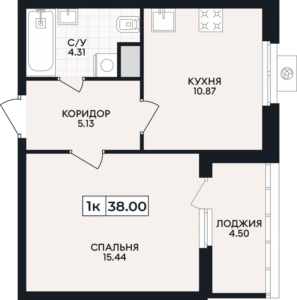 Квартира 1-комн. 38 кв. м
