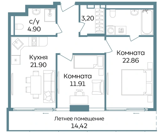Апартаменты 3-комн. 79.19 кв. м