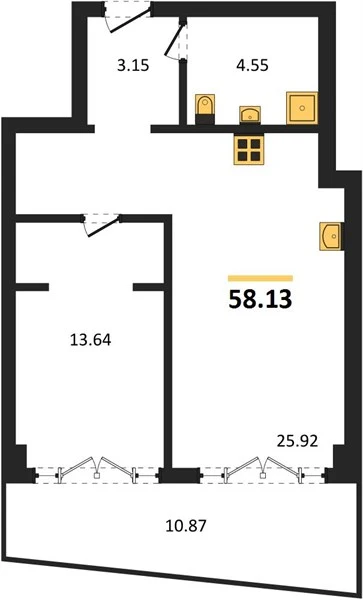 Апартаменты 1-комн. 60.6 кв. м
