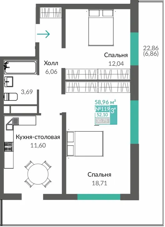 Квартира 2-комн. 58.96 кв.м