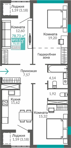 Квартира 3-комн. 75.55 кв.м