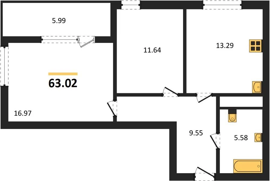 Квартира 2-комн. 63.02 кв. м