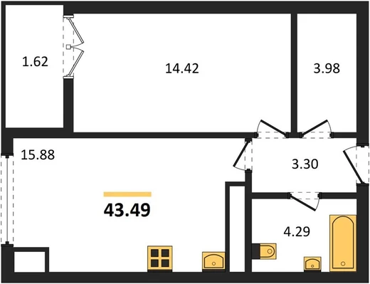 Квартира 1-комн. 43.49 кв. м