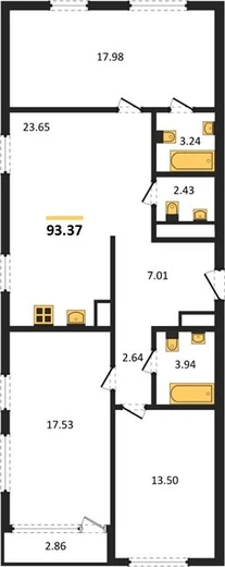 Квартира 3-комн. 93.37 кв. м