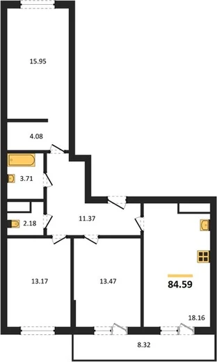 Квартира 3-комн. 84.59 кв. м