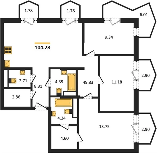 Квартира 3-комн. 104.28 кв. м